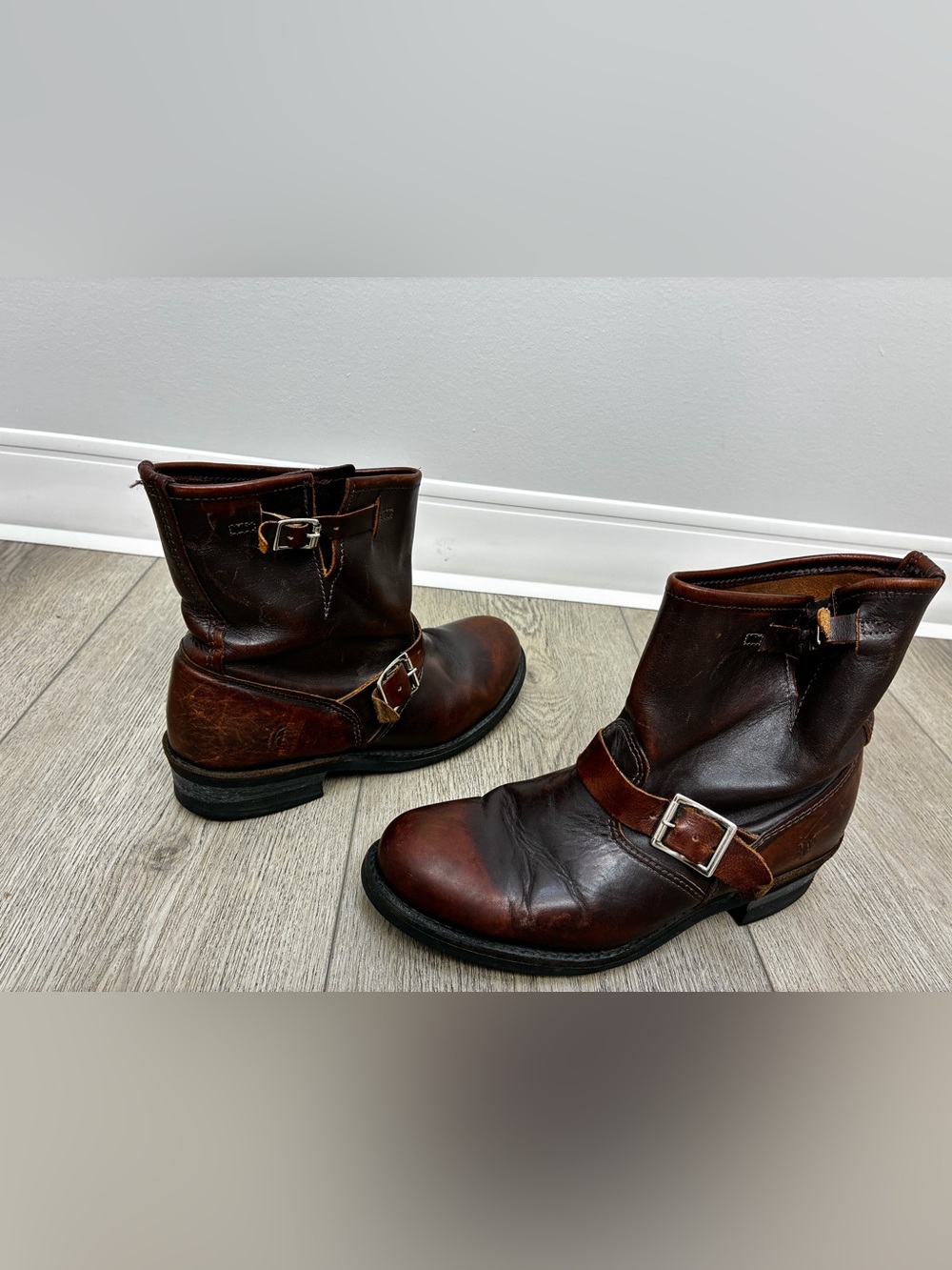 Frye Brown Leather Harness Ankle Boots with Silver Buckles
